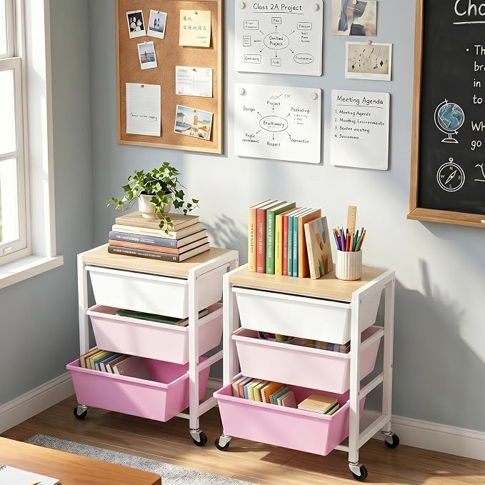 Rolling Cart with 3 Drawers, Plastic Drawer Storage Carts with Lockable Wheels & Wooden Tabletop, Metal Art Craft Utility Cart Organizer for Home Office Bedroom Dorm Bedside Classroom, Bright Pink - Image 6