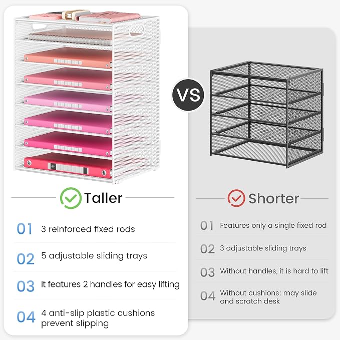Lavatino 2 Pack 8-Tier Office Desk File Organizer, Letter Tray Paper Organizer with Handle, Including 5 Adjustable Slide Trays for Organizing Desk Workspace Accessories and Supplies (White Metal Mesh) - Image 6
