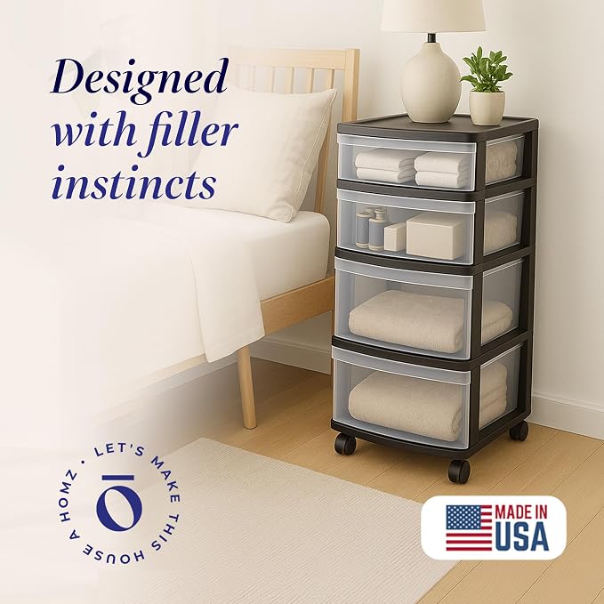 HOMZ Drawer Tower, 4-Tier Clear Plastic Storage Organizer Cart, Black Frame - Rolling Drawers with Wheels for Desk, Dresser, Cabinet, Bedroom, Bathroom, Closet, Classroom, and Office Organization - Image 4