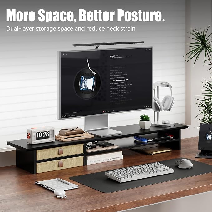 FENSULN Dual‑Tier Monitor Stand Riser with Drawers, Desktop Organizer Shelf Storage for Computer Screen 2 Monitors, Supports for PC Computer Monitor, Printer, Heavy TV Riser Black - Image 2