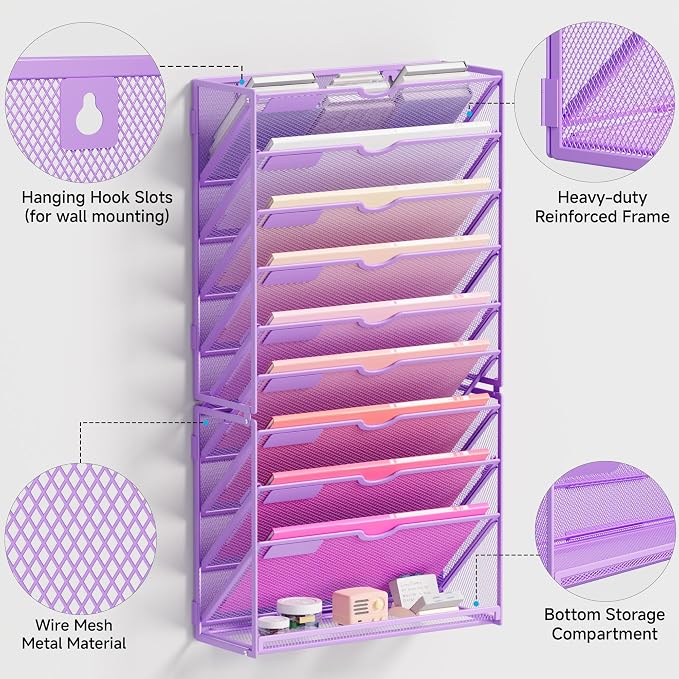 Lavatino Hanging Wall File Folders Organizer - 10-Tier Purple Metal Mesh Paper Magazine Document Mail Holder File Organizer for Office School Home Wall Mount or Desk Supplies Organization - Image 3