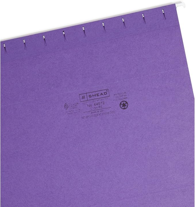 Smead Colored Hanging File Folder with Tab, 1/5-Cut Adjustable Tab, Letter Size, Purple, 25 per Box (64072) (Pack of 1) - Image 4