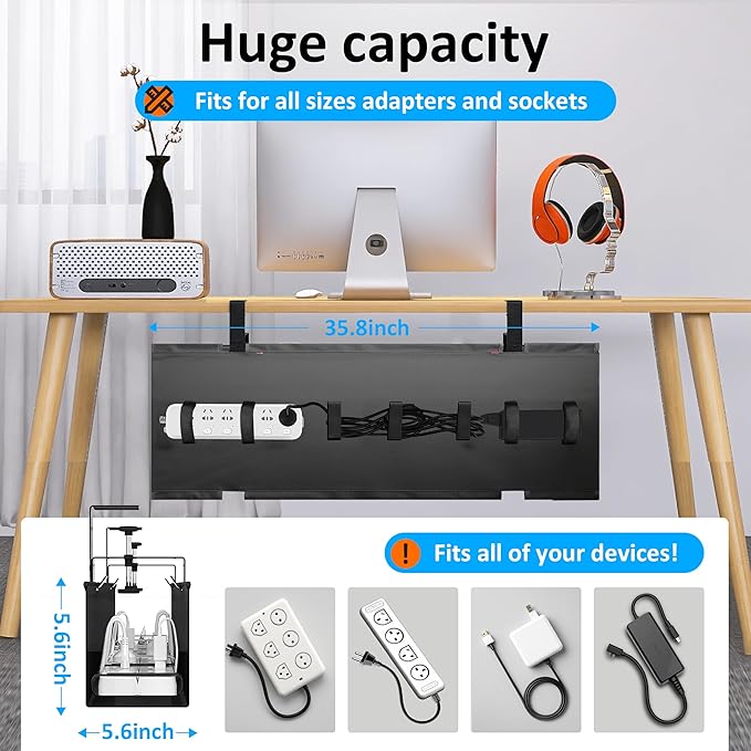 Under Desk Cable Management Tray - Under Desk Cord Management - Clamp/Screw Mount - Fabric Wire Management - Cable Raceways Tray Cord Hiders for Office/Home (Black, 35.8"×5.6") - Image 2