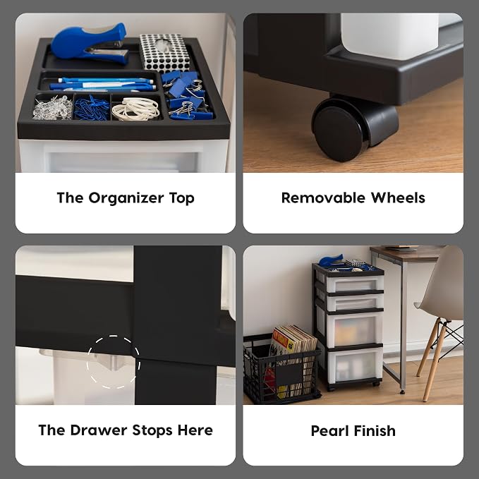 IRIS USA 4-Drawer Rolling Storage Cart with Organizer Top, Black/Pearl | Keep craft supplies, office essentials, classroom items, and accessories organized with easy-access drawers for daily use - Image 7