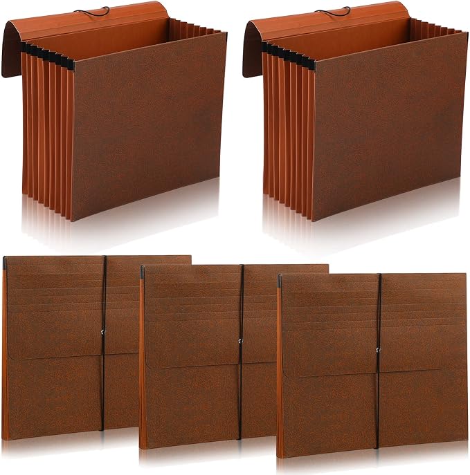 PerKoop 5 Pcs Expanding File Folder with Flap 7 Inch Expansion Expanding File Wallet with Elastic Cord Closure Letter Size Heavy Duty Document Organizer, 10 Slots, Brown by PerKoop