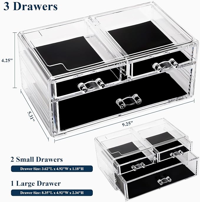 Sea Team Stackable Clear Acrylic Makeup Organizer with Drawers for Vanity | Cosmetic Display Case, Jewelry Storage Box with 1 Large and 2 Small Drawers, Ideal for Dresser, Bathroom, Countertop - Image 6