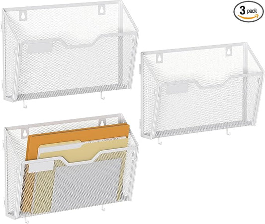 YINGHUA 3 Pack Wall Mounted Mesh File Folder Organizer with Hooks, White | 12.6" durable metal hanging baskets. Perfect vertical storage for mail, magazines and papers in office, home or school. by YINGHUA