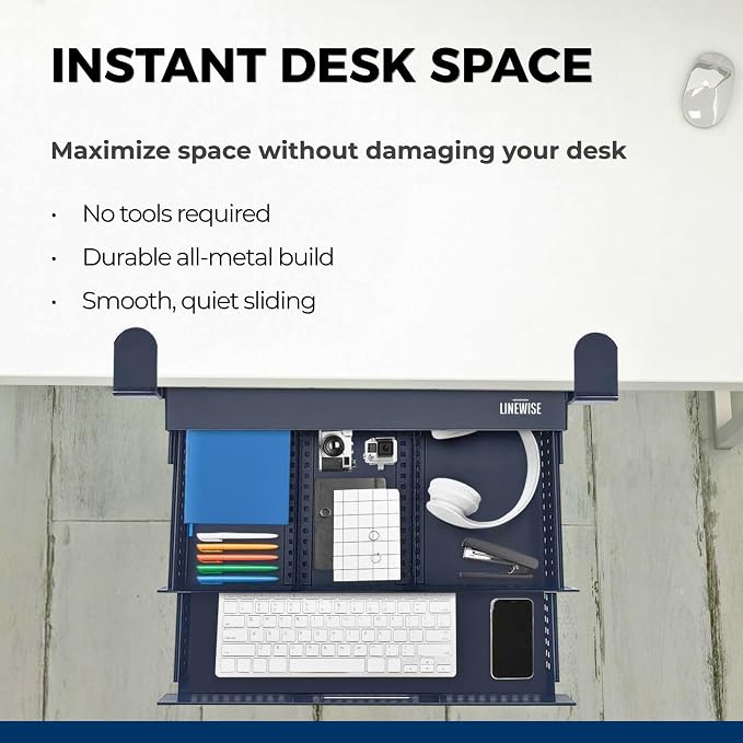 Clamp-On Under Desk Drawer Slide Out - No-Drill Metal Storage, LINEWISE | Also works as an under-table storage drawer, organizer, or attachment - installs in minutes, no tools, no damage. - Image 3