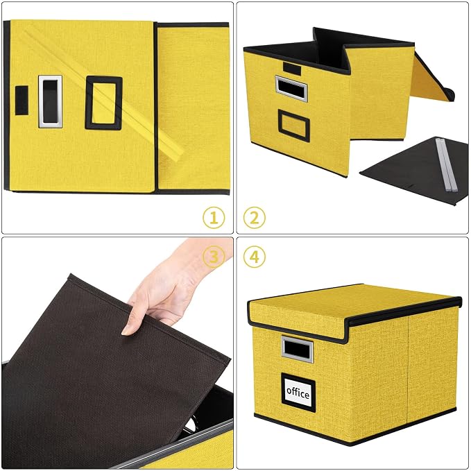 File Organizer Box with Lids, Collapsible File Folder Organizer | File Box with Plastic Slides for Office Document Storage, Filing Bin for Letter Size Hanging File Folders (1 Pack, Yellow) - Image 7