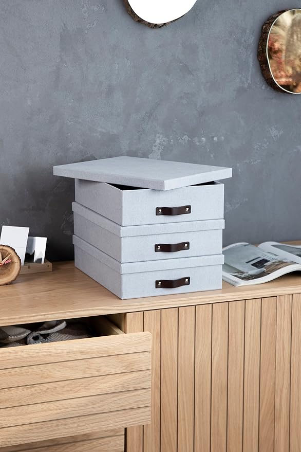 Bigso Oskar Canvas Fiberboard Document Letter Box - File Organizer Box for Important Paperwork - Document Storage with a Lid & Leather Handle - 3.3 in x 10.2 in x 13.8 in - 3 Pack - Ash - Image 9