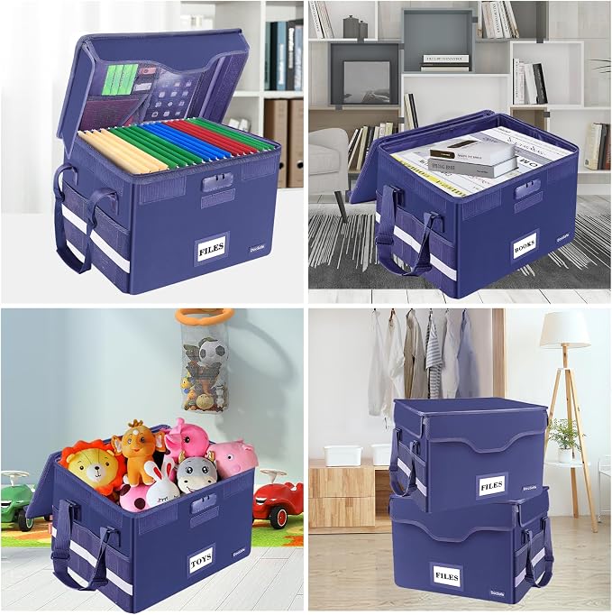 DocSafe Fireproof Document Box with Lock, File Storage Organizer with Mesh Pockets, Collapsible Portable File Box Home Office Safe Filing Cabinet with Handle for Hanging Letter/Legal Folder, Blue - Image 2