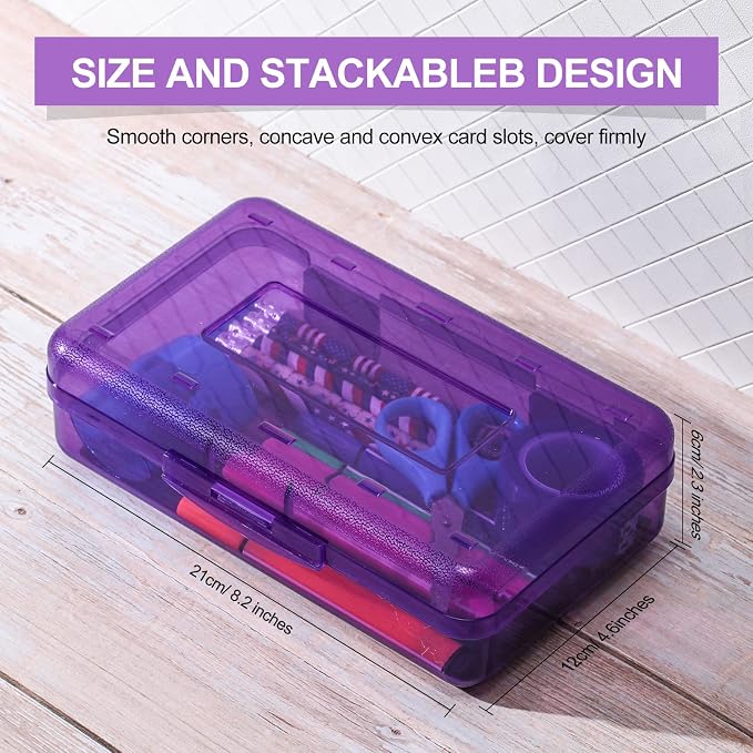 Leelosp 12 Pack Clear Pencil Boxes for School Bulk, Large Plastic Pencil Case with Lid, Stackable Hard Crayon Storage Box for Classroom Kids, Desk Drawer Organizer for Office Home(Purple) - Image 2