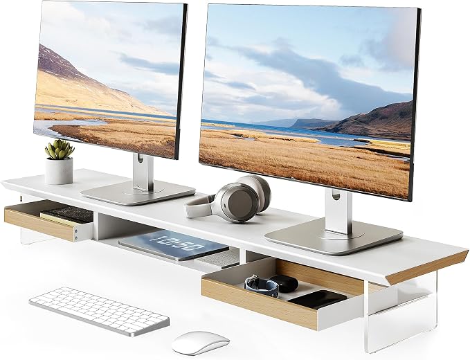 Fenge Dual Monitor Stand with Drawer, 42.5 Inch Large Monitor Riser with Acrylic Legs Supports, Computer Stand for Desk, 2 Tier Wood Desk Shelf with Storage Organizer for PC, Laptop, Printer, TV by Fenge