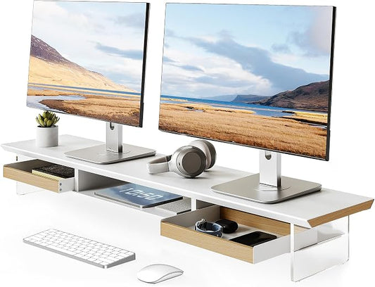 Fenge Dual Monitor Stand with Drawer, 42.5 Inch Large Monitor Riser with Acrylic Legs Supports, Computer Stand for Desk, 2 Tier Wood Desk Shelf with Storage Organizer for PC, Laptop, Printer, TV by Fenge