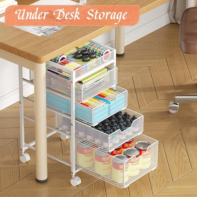 Rolling Utility Cart with 4 Drawers, Craft Organizer and Storage Carts with DIY Divider, Lockable Wheels Storage Organizer for Art Supplies, Store for Brushes & Paints & Artifacts, White - Image 2