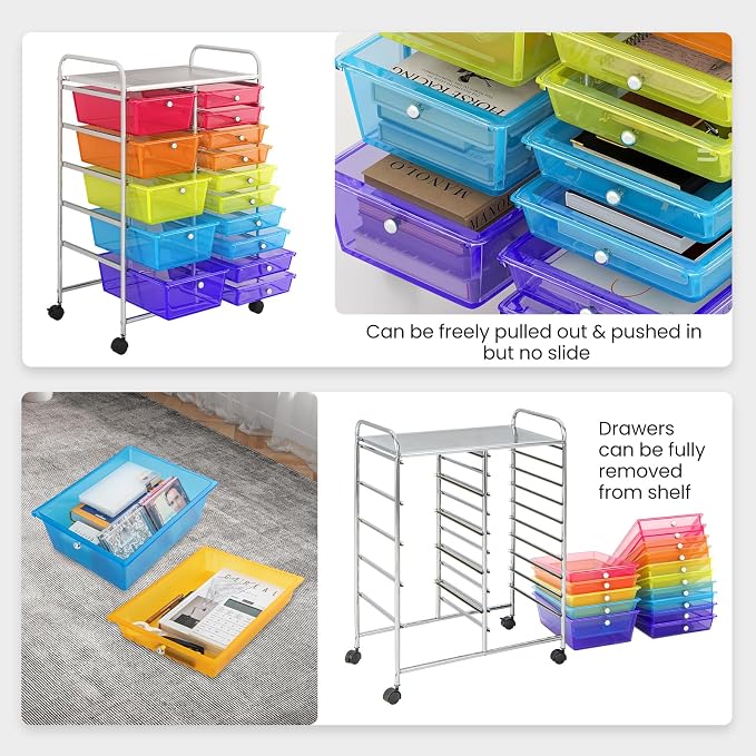 Giantex 15 Drawer Rolling Cart with Drawers, Storage Organizer Cart for Classroom Office School Teacher, Mobile Drawer Cart for Tools, Crafts, Small Printer, Paper (Clear Red+Orange+Green+Blue+Purple) - Image 5