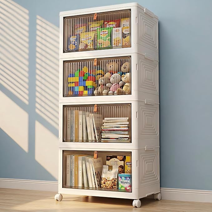 LDQ 136Qt Large Storage Bins with Lids, 4 Tier Stackable Storage Cabinet with Wheels & Clear Doors, Foldable Plastic Closet Organizer for Bedroom, Bathroom & Kitchen by Unknown