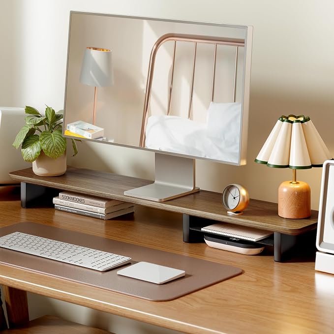 46" Dual Monitor Riser, Metal Shelf Wooden Desk Organizer | Walnut Wooden Desk Shelf for 2 Monitors/TV,Monitor Stand Riser for Desk, Wood Monitor Stand Organizer for Home Office - Image 2