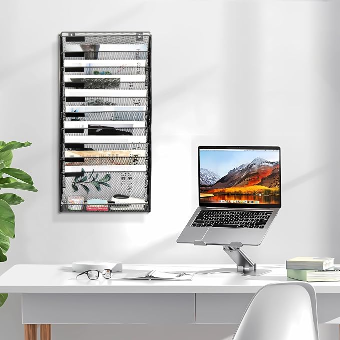 EasyPAG Wall File Holder 10 Tier Mesh Hanging Folder Organizer with Flat Tray Wall Mounted Mail Organizer Magazine Paper Desk Shelf with Nametag Label for Office Home School, Black - Image 9