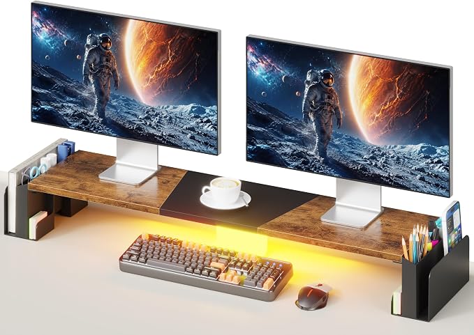 WESTREE Dual Monitor Stand Riser with Storage, Computer Monitor Riser with Adjustable Angle and LED, Desktop Monitor Stand Organizer for Computer, Laptop, Printer by WESTREE