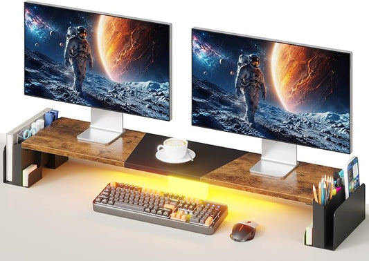 WESTREE Dual Monitor Stand Riser with Storage, Computer Monitor Riser with Adjustable Angle and LED, Desktop Monitor Stand Organizer for Computer, Laptop, Printer by WESTREE