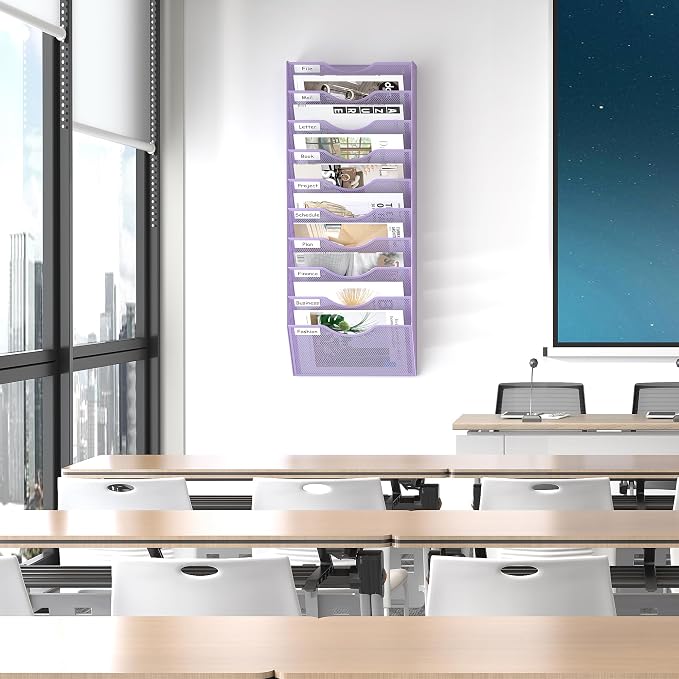 EasyPAG 10 Pocket Mesh Wall File Organizer, Hanging Paper Folder Holder with Classify Label, Vertical Wall Mount Mail Organizer for Office Home Classroom, Purple - Image 7