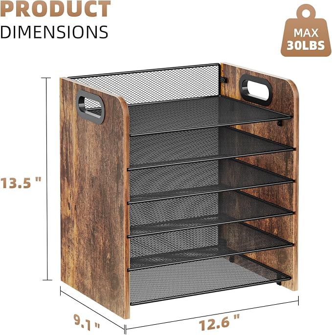 Marbrasse 6 Tier Paper Organizer Letter Tray - Wooden Desk File Organizer with Handle, Paper Sorter Organizer for Letter/A4 Office File Folder Holder - Image 5