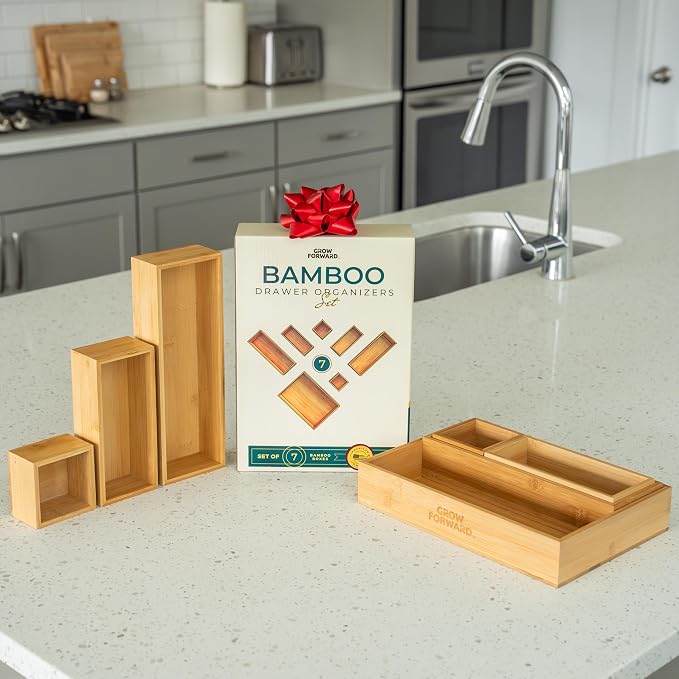 Grow Forward Bamboo Drawer Organizer Boxes - Set of 7 Wooden Drawer Organizers for Kitchen, Bathroom, Office, Desk, Vanity, Makeup - Non-Slip Junk Drawer Organizer Trays for Storage and Organization - Image 6