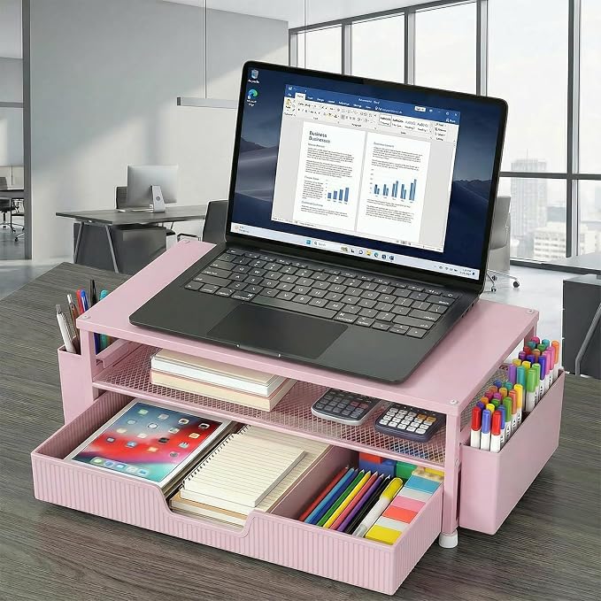 ECOLOVI Desk Organizer and Accessories, 2-Tier Computer Monitor Stand Rise with Storage Drawer & 2 Pen Holders, Laptop & Printer Stand for Desktop, Workspace Organizers for Office Supplies (Pink) - Image 6
