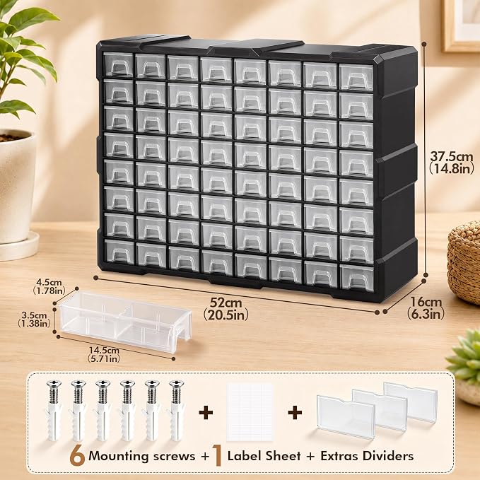 64-Drawer Organizer for Garage Building Bricks Storage, Drawer Storage Cabinet with Dividers and Labels for Hardware,Screws,Nuts Bolts, Garage Tools,Charms,Beads,Craft,Scrapbook - Image 2