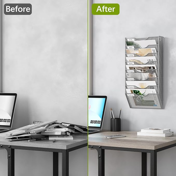 EasyPAG 8 Pocket Mesh Wall File Organizer, Hanging Paper Folder Holder with Classify Label, Vertical Wall Mount Mail Organizer for Office Home Classroom, Silver - Image 5