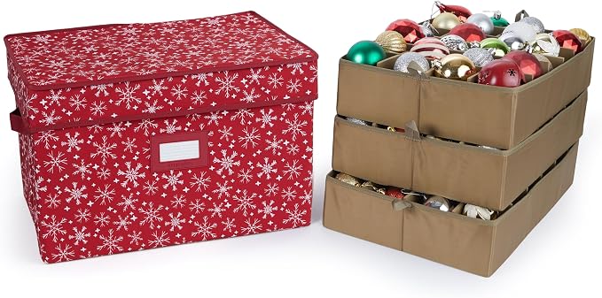 Covermates Keepsakes Adjustable Ornament Storage Box – Heavy-Duty Polyester, Padded Dividers & FlexGrid Trays – Protective Holiday Organizer with Stackable Walls & Label Window, Red Snowflake by Covermates