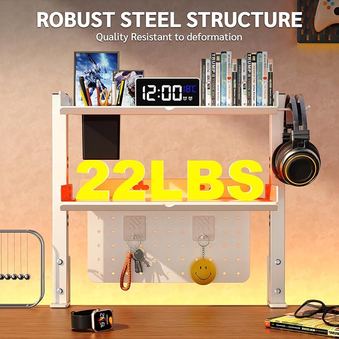 Metal Clamp On Desk Shelf,Storage Shelves with Pegboard and Pencil Holder | 2-Tier Adjustable 16 inch Above or Under Heavy Duty Desktop Organizer with Headphone Holder for Desk Accessories (White) - Image 5