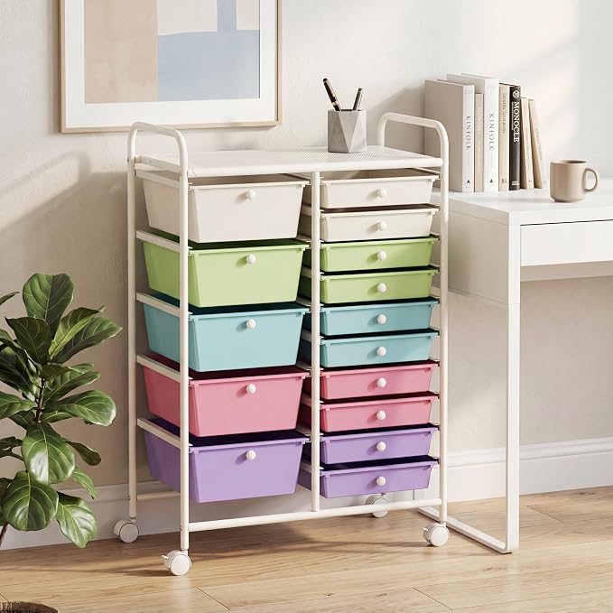 GOFLAME 15-Drawer Rolling Storage Cart, Craft Storage Cart with Removable Drawers & Lockable Wheels, Art Cart Supply Storage Organizer for Home Office Classroom, Ice Cream - Image 8