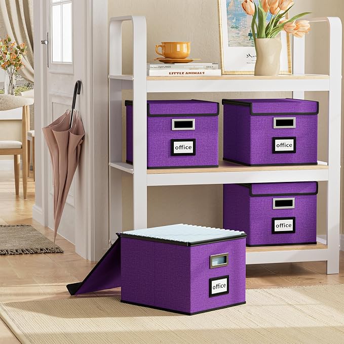 File Organizer Box with Lids, Collapsible File Folder Organizer | File Box with Plastic Slides for Office Document Storage, Filing Bin for Letter Size Hanging File Folders (2 Pack, Purple) - Image 2