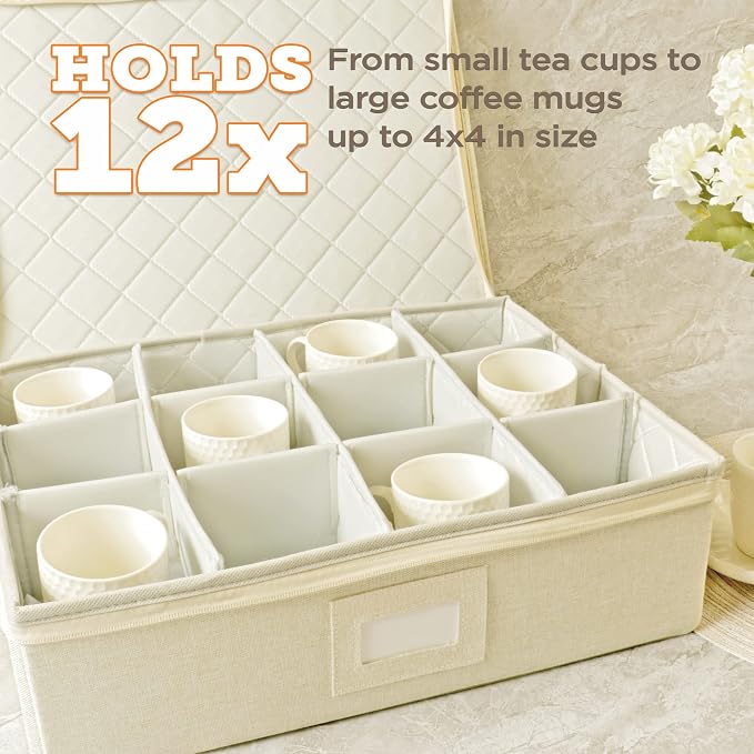 Cup & Mug Storage Case | Hard Shell Felt Dividers | Cream | Hard Shell Case Holds 12 Cups Or Mugs In 4x4 Felt Compartments. Stackable, Top-Load, Dual Handles. Cream Linen Finish. - Image 3