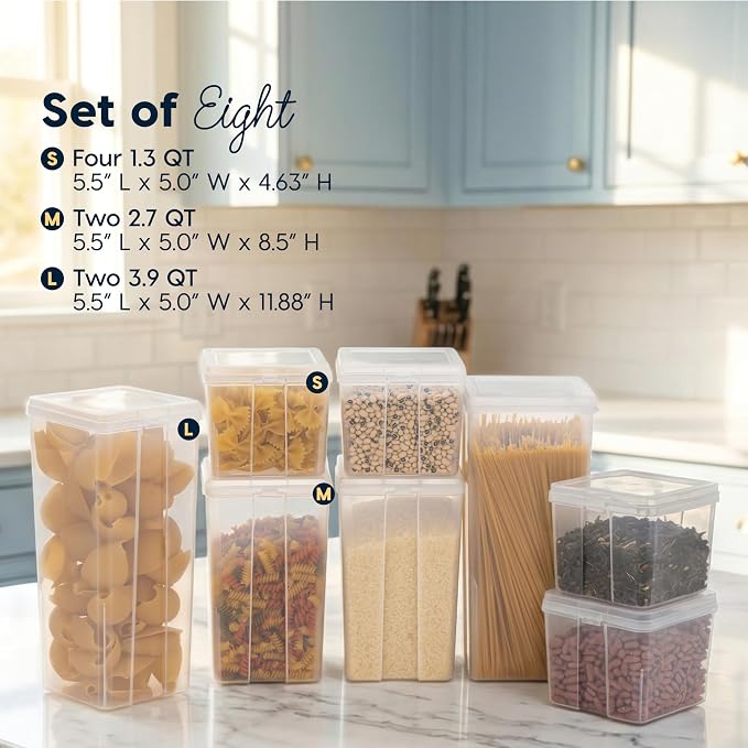 IRIS USA Food Storage Containers Set, 8 Pack Combo Set, Food Grade Plastic | BPA-Free, Clear View, Flip Top Lid, Stackable, For Snacks, Cereal, Pasta, Flour, Sugar - Image 2