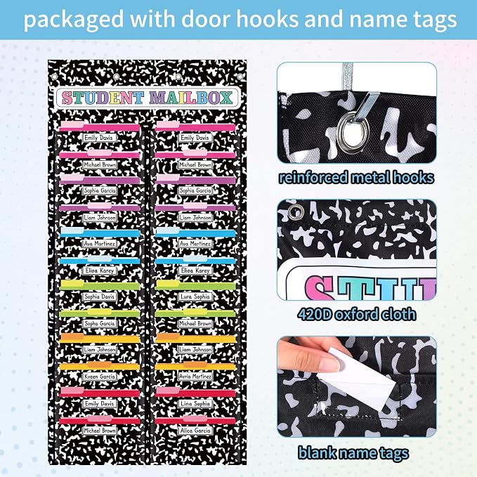 24 Pockets Classroom Mailbox with 24 Nametag Composition Notebook Hanging Wall File Organizer Classroom Storage Pocket Chart Folder with 4 Over The Door Hook for Back to School Bulletin Board - Image 3