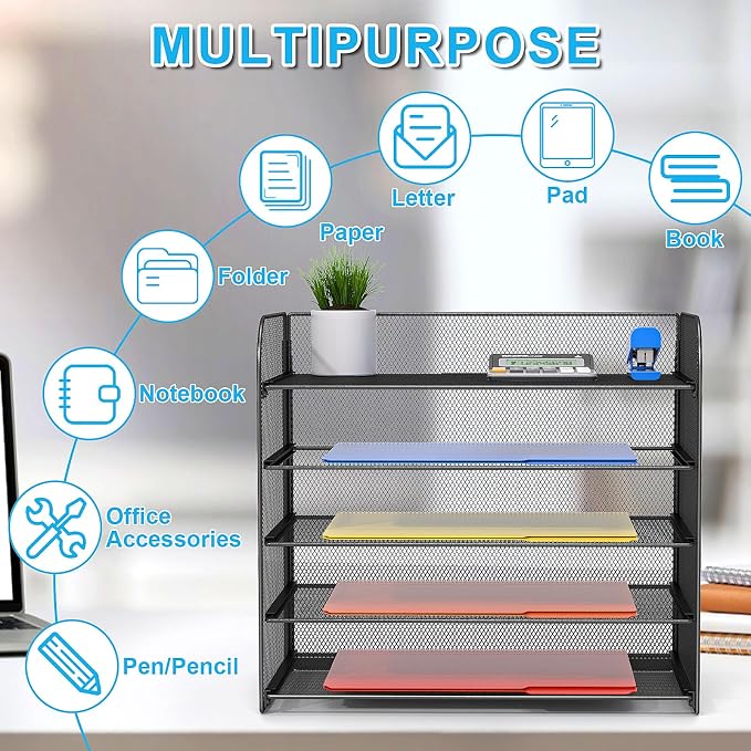 2 Pack Legal/A4/Letter Size Desk Paper Organizer Desktop File Organizer Document Sorter, 5 Tier Mesh Letter Tray File Folder Holder Office Accessories Organization - Image 3