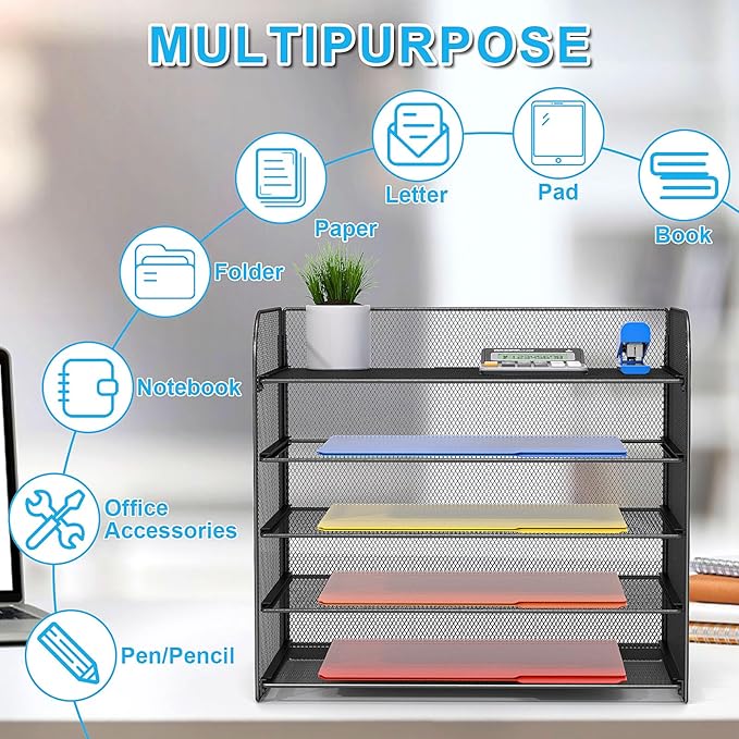 Legal/A4 5 Tier Paper Organizer,Paper Tray Holder for Desk,Letter Size File Holder/Sorter,File Folders Shelf Organizer for Office,School,Home,Solid Steel,Mesh,Sturdy,Leakproof,Large Capacity - Image 2