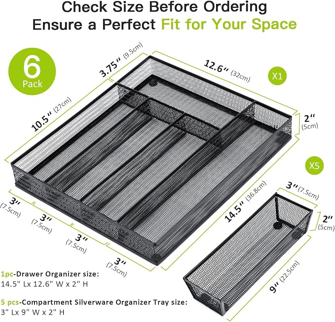 Neudeco Drawer Organizer Set, Black Mesh, 6 Pack | 5-Compartment Silverware Organizer Tray, 5 Utensil Trays, For Flatware, Cutlery, Office Supplies, Non-Slip - Image 3