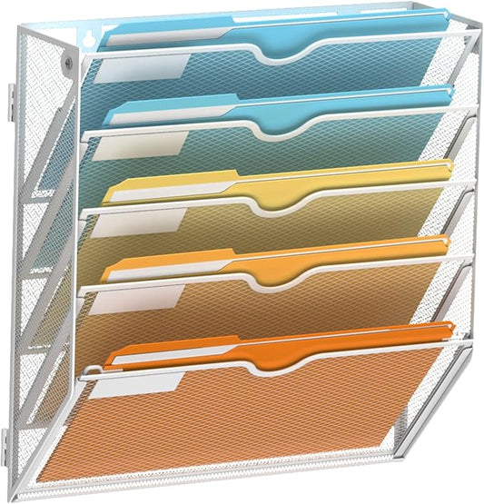 5 Tier Wall File Organizer, Hanging Wall Mounted Mail Organizer with Label Slots, Metal Mesh File Holder Magazine Rack for Office, Home, School or Classroom, White by SUPEASY