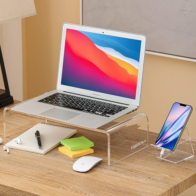 16"x8"x4" Acrylic Monitor Stand, Clear Laptop Riser with Bonus Phone Stand | KMANDLU Clear Premium Acrylic Computer Stand, Ergonomic Monitor Riser & Desk Organizer Shelf for Office, Home, Printer, TV - Image 2