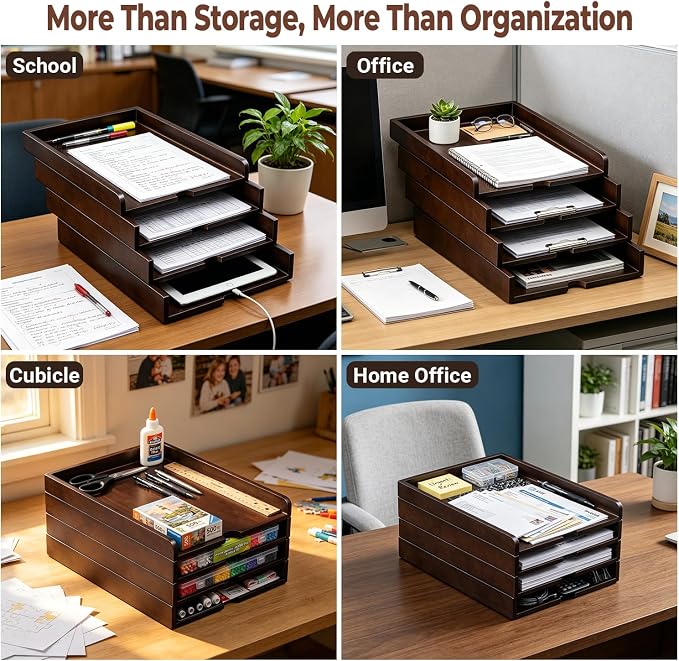 Solid Wood Stackable Letter Tray, 4-Tier Desk File Organizer for A4 Paper | letter tray for files, mail, bills & documents. walnut finish desktop organizer for home office workspace declutter. - Image 7