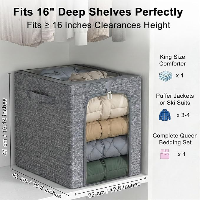 GoMaihe Blanket Storage Bins with Metal Frame for Closet, 55L 4-Pack Grey | Clothing Comforters Bedding Winter Coat, Closet Top Shelf, Collapse-Proof Stackable, Clear Window, Dual Access Space Saving - Image 3