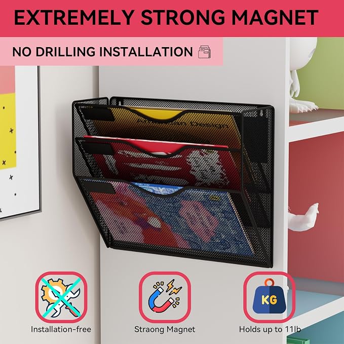 3-Tier Magnetic File Holder, No Drilling Wall File Organizer, File Folder Bins, Mail & Magazine Rack, Magnetic Paper Document Holder for Refrigerator File Cabinets Whiteboard, Black - Image 3