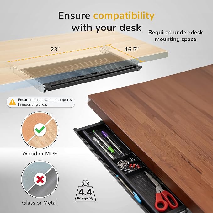 Mount-It! Under Desk Pencil Drawer | 21.25” W, Ball Bearing Slide-Out Organizer for Office Supplies, Paper & Pencils | Fits Desks Over 1” Thick, Adjustable Extension 16.25”–28” - Image 7