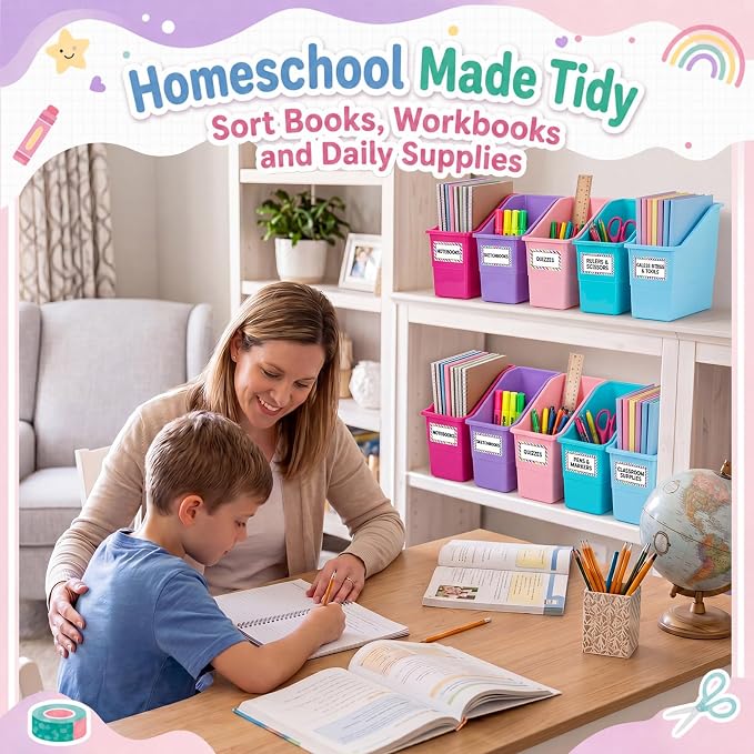Blosssound 6 Set Book Bins for Classroom with Label Sticker Book Box Baskets Plastic Stackable Organizing Bins Storage & Organization for Classroom Library Home School Supplies (Purple Pastel) - Image 5