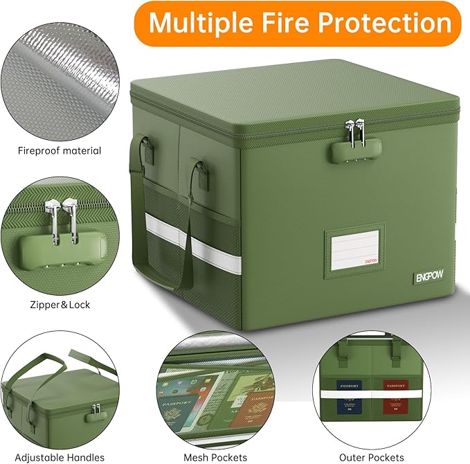 ENGPOW 5200°F File Box Fireproof Document Box with Lock,Heat Insulated Collapsible File Storage Organizer Box with Handle,Portable Home Office File Cabinet for Hanging Letter/Legal Size Folder, Green - Image 5
