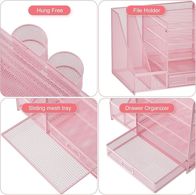 Marbrasse Desk Organizer with File Holder, 5-Tier Paper Letter Tray Organizer with Drawer and 2 Pen Holder, Mesh Desktop Organizer and Storage with Magazine Holder for Office Supplies(Pink) - Image 4